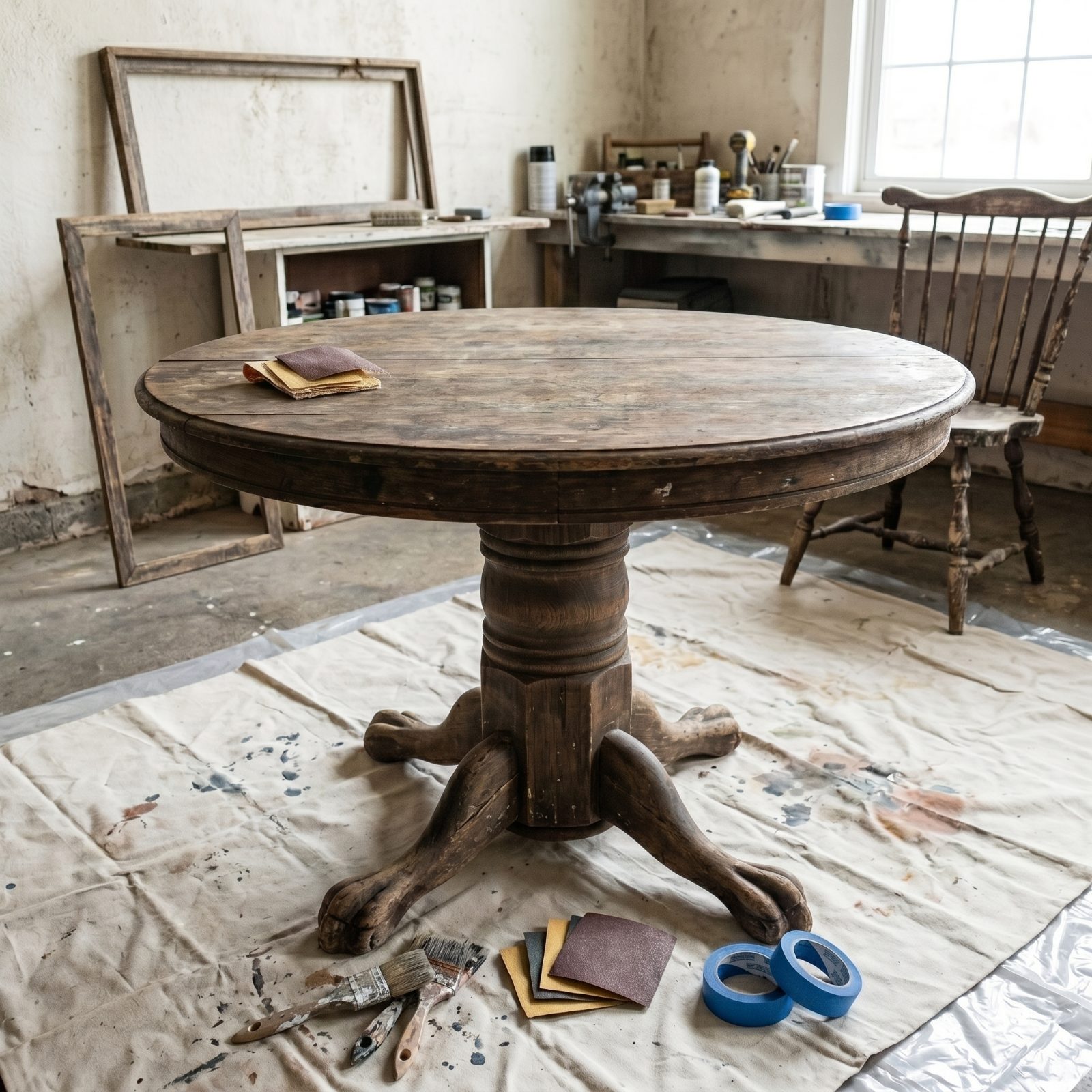 Farmhouse Table Makeover: Raw Silk and Wood before