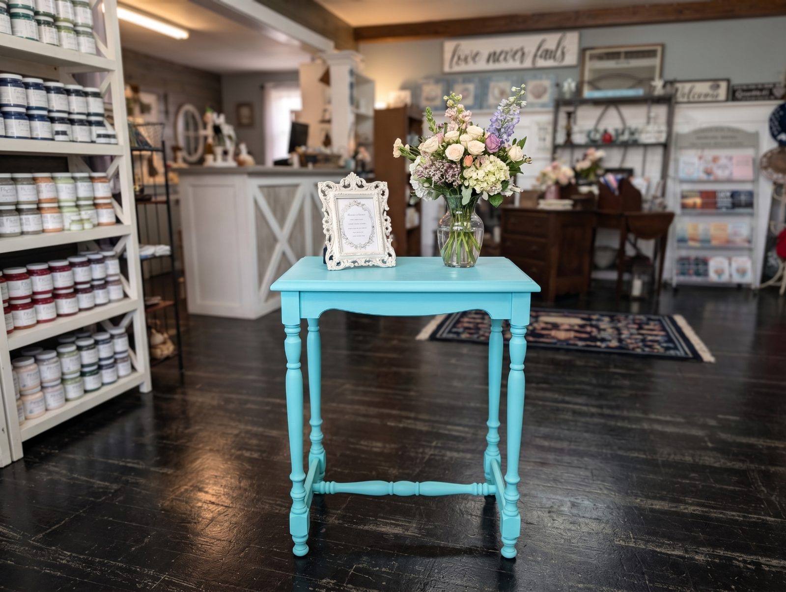 Coastal Walnut Accent Table Makeover in Azure Blue